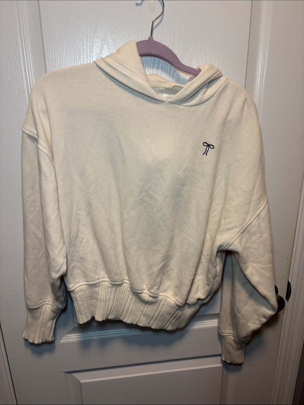 aerie Cream Hooded Sweatshirt with Small Bow Embroidery